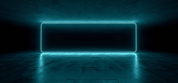 istock Neon Glowing Blue Laser Rectangle Frame Empty Futuristic Sci Fi Retro Light On Grunge Reflective Concrete Tunnel Corridor Room Background Dance 3D Rendering 1130153306