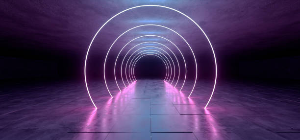 istock Sci Fi Circle Shaped Neon Glowing Laser Led Futuristic Modern Empty Dance Lights On Grunge Reflective Concrete Texture Lines Tiled Alien Ship Background 3D Rendering 1130153322