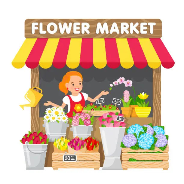 Vector illustration of The young woman sells flowers in her flower shop in the local market.