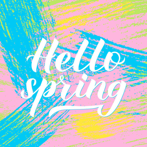 istock Hello spring calligraphy lettering. Bright colorful brush strokes. Inspirational seasonal quote typography poster. Hand written logo design. Easy to edit vector template for banner, flyer, badge. 1130161062