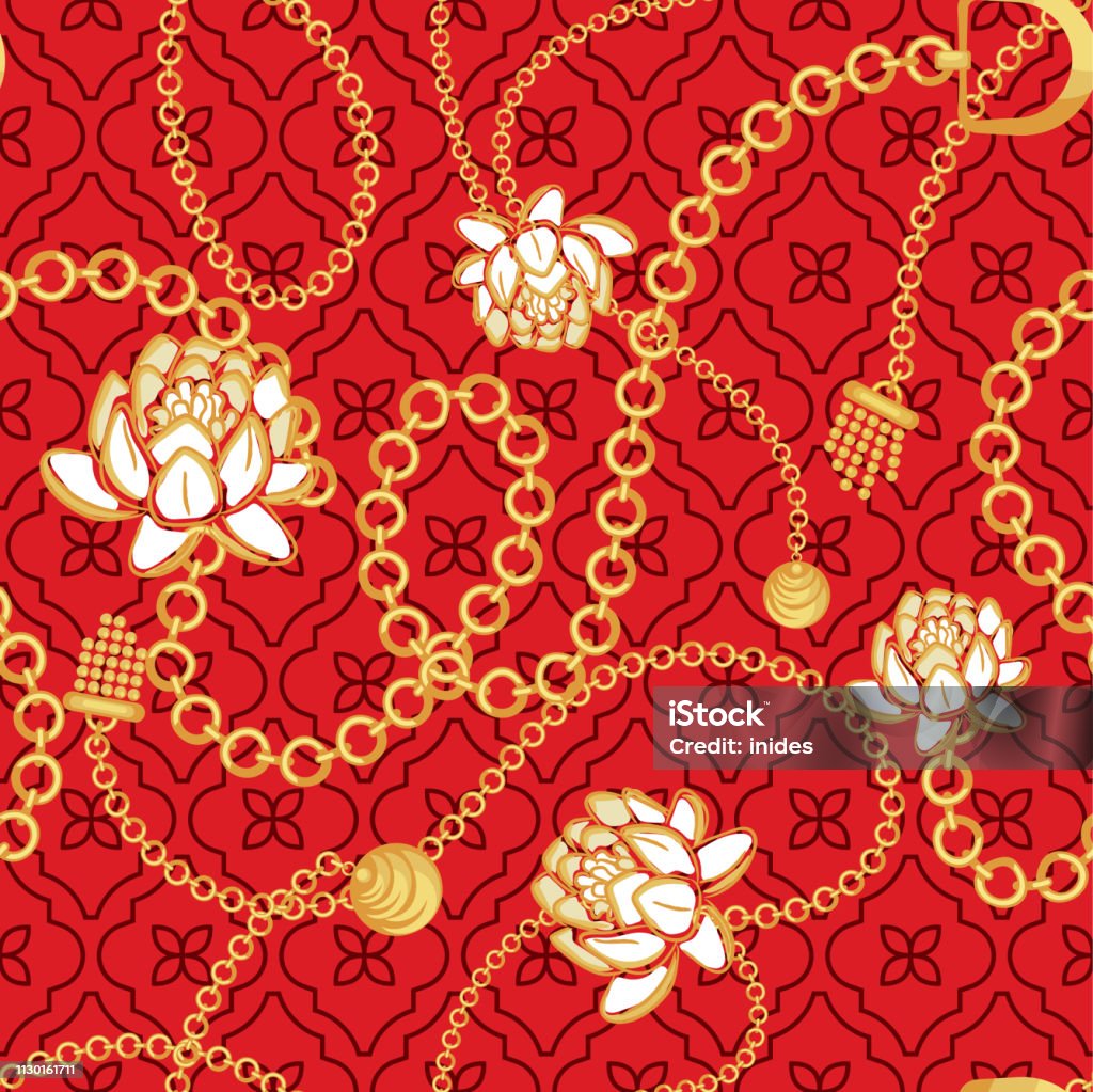 Rednet Pattern Gold Chains Red Net Pattern With Bold Flowers Fashion Vector Design ...