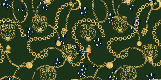 ilustrações, clipart, desenhos animados e ícones de cabeça de tigre e correntes de ouro verdes padrão de design de moda selvagem vector. - necklace jewelry backgrounds craft