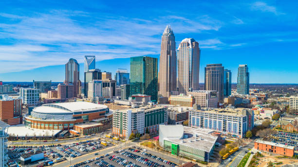 Aerial of Downtown Charlotte, North Carolina, USA Drone Aerial of Downtown Charlotte, North Carolina, NC, USA Skyline. university of north carolina photos stock pictures, royalty-free photos & images