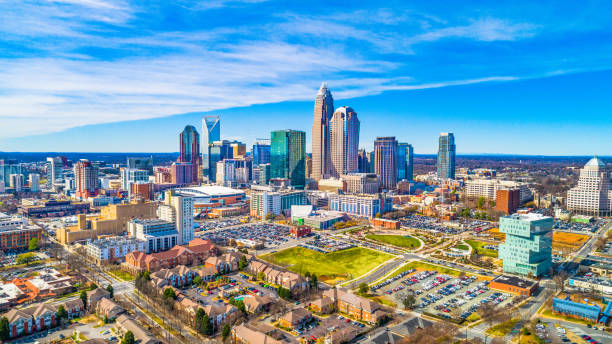 Downtown Charlotte NC North Carolina Drone Aerial of Downtown Charlotte, North Carolina, NC, USA Skyline. university of north carolina photos stock pictures, royalty-free photos & images