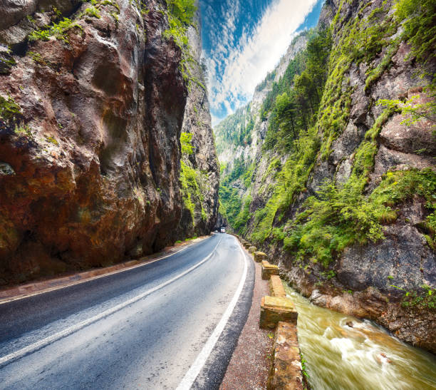 Asphalt road in the mountains in the Elbrus region. Kabardino-Balkar Republic. The mountains of the North Caucasian
