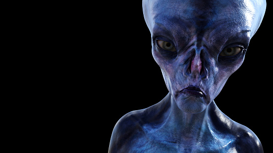 3d illustration of a close view of an alien isolated on a black background.