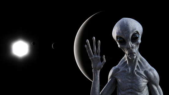 Illustration of a gray alien in space waving goodbye with a dark planets and a sun in the background.