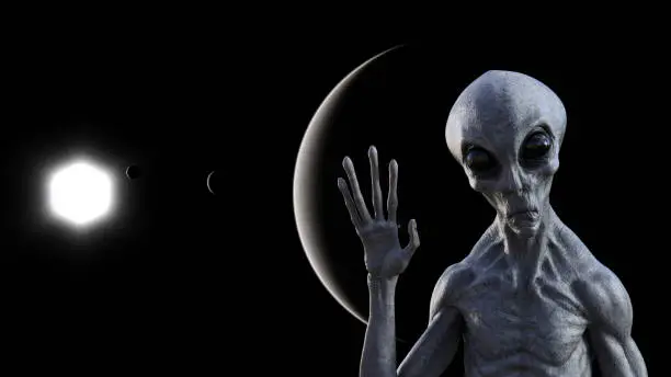 3d illustration of a gray alien in space waving goodbye with a dark planets and a sun in the background.