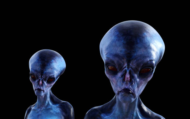 istock Illustration of two blue aliens with red eyes looking forward on a black background. 1130166792