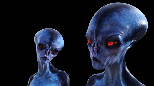 istock Illustration of two blue aliens with red eyes on a black background. 1130166806