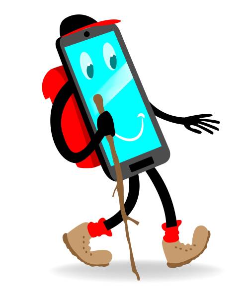 Hiking mobile phone A cell phone taking a walk in nature. hiking snack stock illustrations