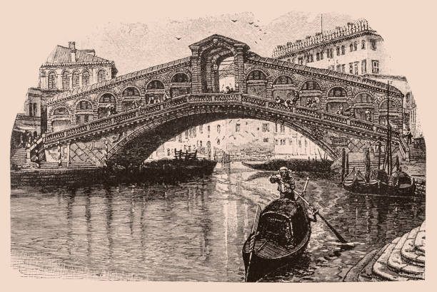 리알토 다리, 베네치아, 19 세기 - sepia toned famous place gondola rialto bridge stock illustrations