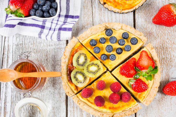 istock Fruit tarts with sweet fresh berries. Freshly baked cake. Decorated with a  berry. Fruit pie. - Image 1130179439