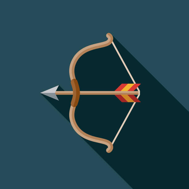 Bow and Arrow Weapon Icon A flat design icon with a long shadow. File is built in the CMYK color space for optimal printing. Color swatches are global so it’s easy to change colors across the document. archery bow stock illustrations
