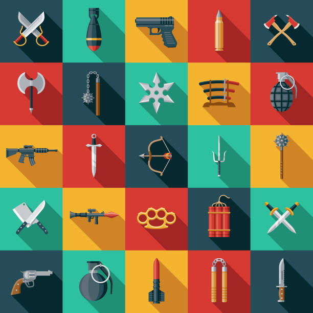 ilustrações de stock, clip art, desenhos animados e ícones de weapons icon set - nunchaku