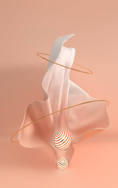 istock Luxury soft textile fabric in motion with golden metall luminous sphere and rings 3d render. Pastel colored waves. Abstract modern design element, minimalistic background 1130183408