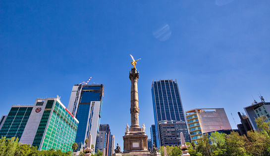 Mexico City, Mexico-22 April, 2018: Angel of Independence monument, a victory column on a roundabout of Paseo de la Reforma in downtown Mexico City.
