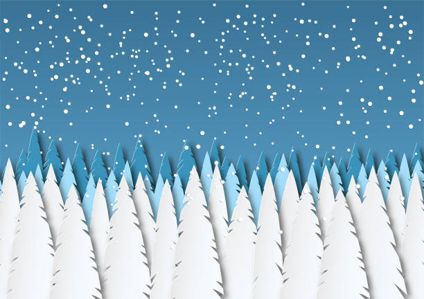 winterlandschaft am nachmittag. schneefall. verschneite wiesen und bäumen im park oder im wald. entwerfen sie in papier-art-stil. vektor - snow wind overlay stock-grafiken, -clipart, -cartoons und -symbole