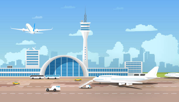 illustrazioni stock, clip art, cartoni animati e icone di tendenza di terminal dell'aeroporto moderno e vettore dei cartoni animati in fuga - concourse