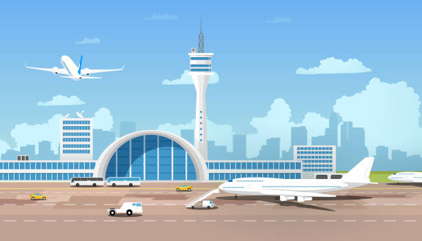 Modern Airport Terminal and Runaway Cartoon Vector City Airport Terminal Cartoon Vector with Flying After Taking Off Airliner, Airplane Standing on Runway, Taxi and Buses Bringing Passengers to Flight Illustration. Traveling with Air Transport Concept airport stock illustrations