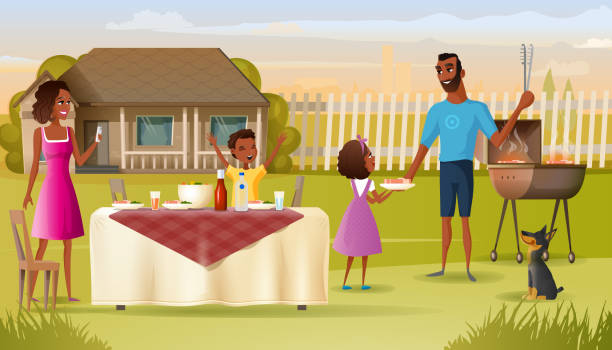 Family Barbeque Party on House Yard Cartoon Vector Happy African-American Family Grill Party in Countryside Cartoon Vector. Father with Daughter Cooking Meat on Barbeque Grill, Son Sitting at Dinner Table, Mother Taking Mobile Photos Illustration black family home stock illustrations