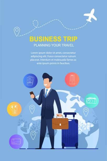 Man Uses a Mobile Application for Business Trip Man Uses a Mobile Application for Business Trip. Banner Illustration Company Helping to Planning your Travel. Businessman in Suit on Background Planet. Registration Plane Tickets, Hotel Booking landing touching down stock illustrations