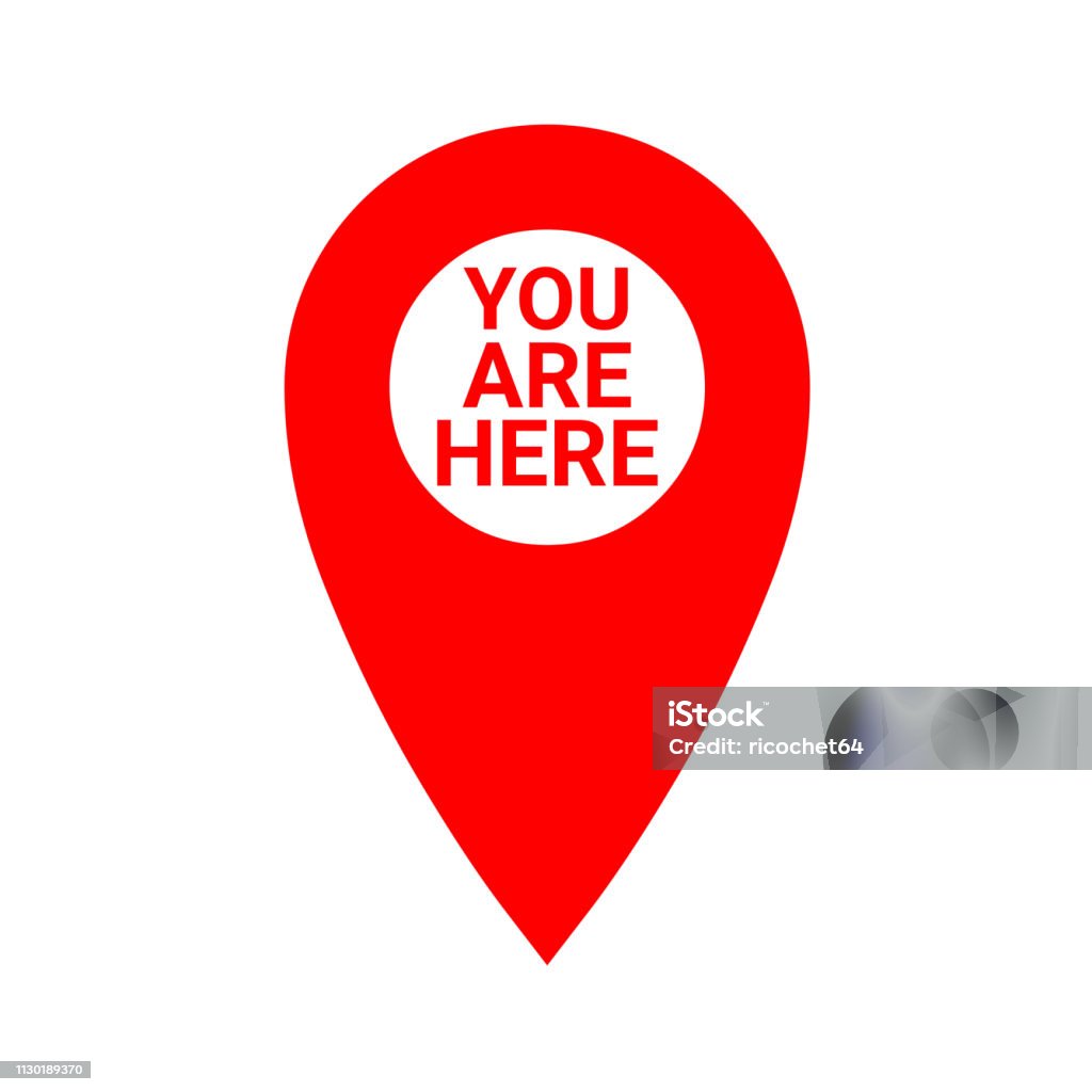 Red map pointer with the text you are here You Are Here stock illustration