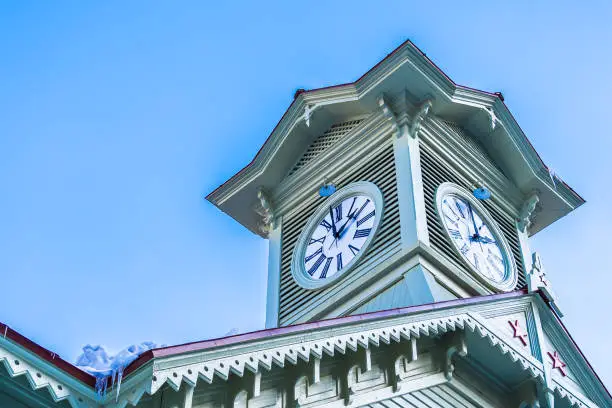 Beautiful architecture building with clock tower in Sapporo City Hokkaido Japan