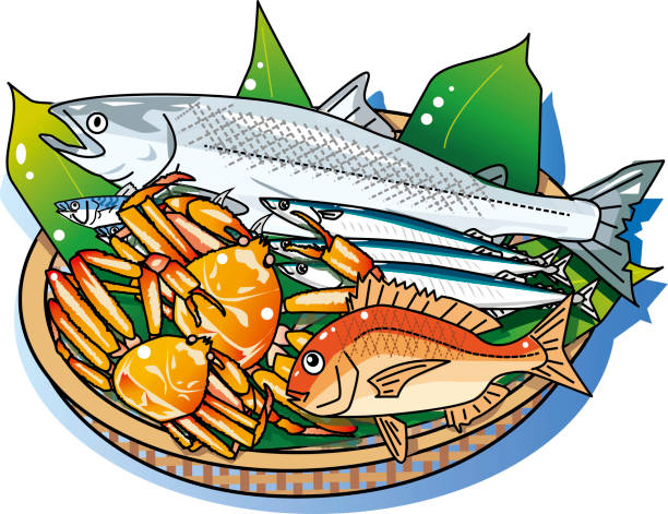 ilustraciones, imágenes clip art, dibujos animados e iconos de stock de productos de pescado de pescado y cangrejo - sashimi