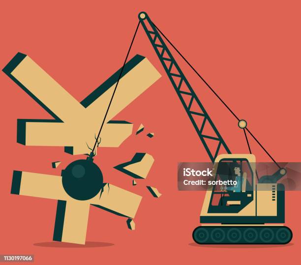 Iron Ball Smashed Yen Symbol Stock Illustration - Download Image Now - Accidents and Disasters, Adversity, Anger