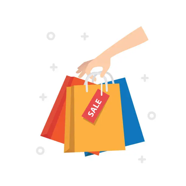 Vector illustration of Female hand holding colorful shopping bags. Many packets with in woman's arms. Black friday sale concept