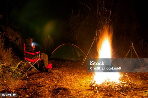 Campfire At Night Stock Photo - Download Image Now - Adult, Astronomy, Bonding