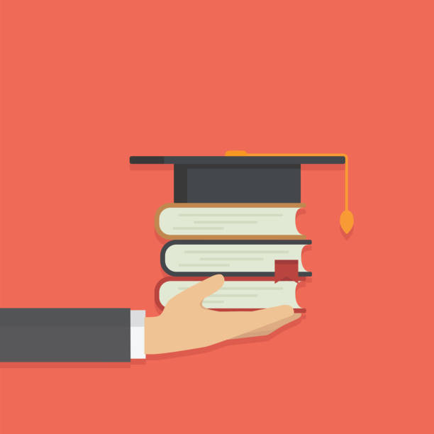 Hand holding stack of book with graduates hat, graduation or scholarship concept vector art illustration