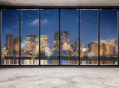Empty modern interior space with city view at night and starry sky, Empty Business Office Interior