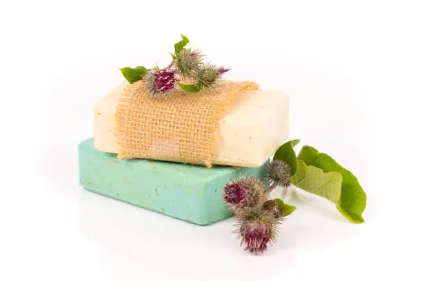 green and beige homemade herbal soap bars with burdock flowers