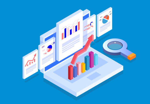 ilustrações de stock, clip art, desenhos animados e ícones de isometric web pages and business data reports - optical instrument illustrations