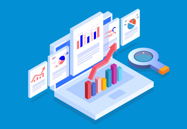 Isometric web pages and business data reports Isometric web pages and business data reports business strategy illustrations stock illustrations