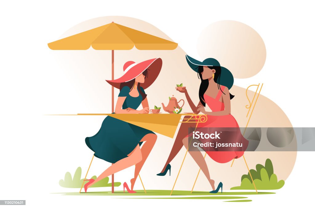 Flat young girl friends in cafe on meeting outdoors. Flat young girl friends in cafe on meeting outdoors. Concept woman characters with umbrella and cup of tea. Vector illustration. Women stock vector