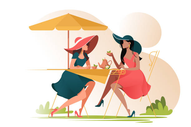 Flat young girl friends in cafe on meeting outdoors. Flat young girl friends in cafe on meeting outdoors. Concept woman characters with umbrella and cup of tea. Vector illustration. lunch silhouettes stock illustrations