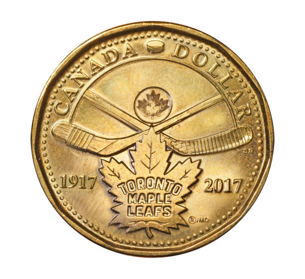 Canadian one dollar coin known as loonie commemorating  100th anniversary  the Toronto Maple Leafs hockey team Toronto, Canada - February 16, 2019:  The Canadian mint issued this special dollar coin to commemorate the 100th anniversary of the Toronto Maple Leafs hockey team. canadian coin stock pictures, royalty-free photos & images
