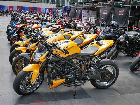 Ratchadamri, Bangkok / Thailand - February 16, 2019: Group of Ducati Motorcycles at the Event in Front of Central World Department Store