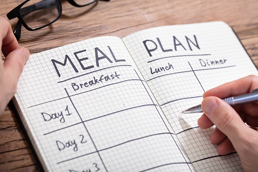 Mano humana Plan de comidas en el cuaderno de relleno photo