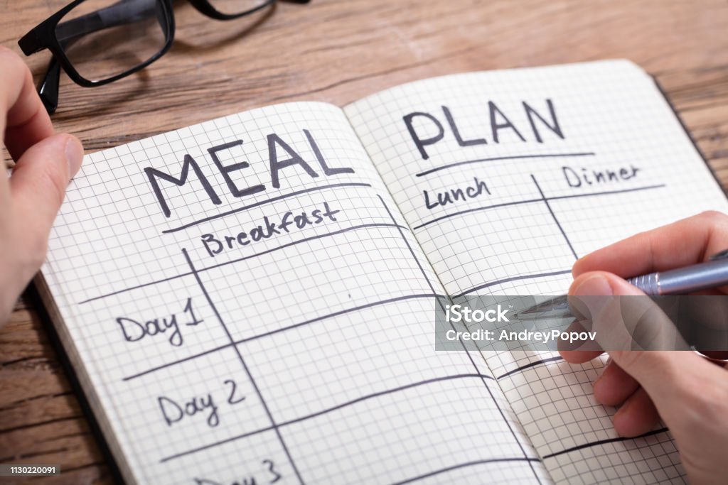 Human Hand Filling Meal Plan In Notebook Close-up Of A Human Hand Filling Meal Plan In Checkered Pattern Notebook Planning Stock Photo