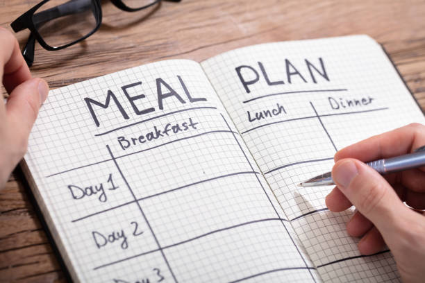 Human Hand Filling Meal Plan In Notebook Close-up Of A Human Hand Filling Meal Plan In Checkered Pattern Notebook meal stock pictures, royalty-free photos & images