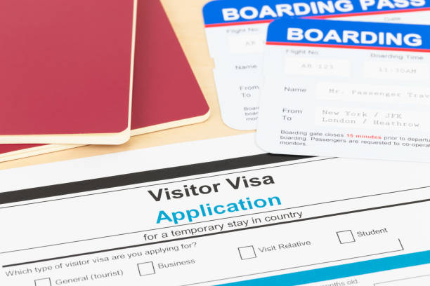istock Visa application form with red passport, and boarding pass 1130222125