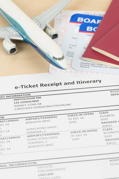 istock E-ticket with plane model red passport, and boarding pass;  these documents are mock-up 1130222145