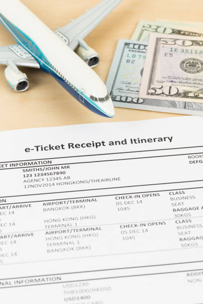 istock E-ticket with plane model, and dollar money banknote; these documents are mock-up 1130222156
