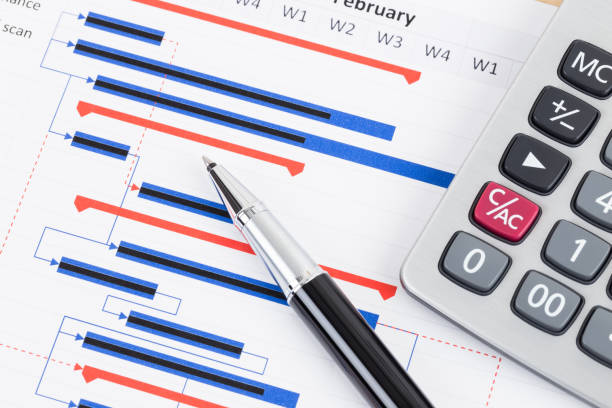 istock Project management and gantt chart with pen and calculator 1130222216