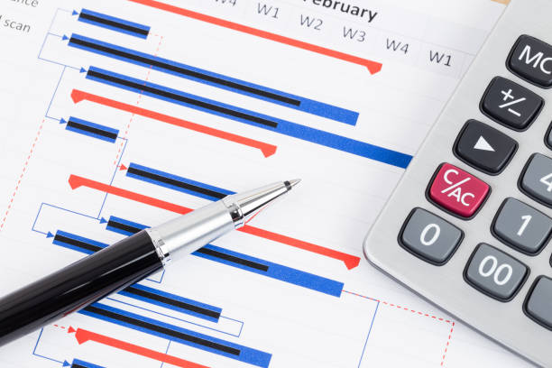 istock Project management and gantt chart with pen and calculator 1130222219