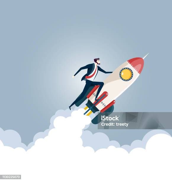 Geschäftsmann Fliegen Auf Einer Rakete Business Startupkonzept Stock Vektor Art und mehr Bilder von Rakete